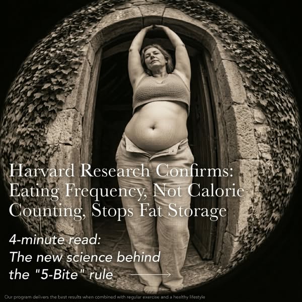 An advertisement stating that Harvard Research confirms that eating frequency, not calorie counting, stops fat storage.