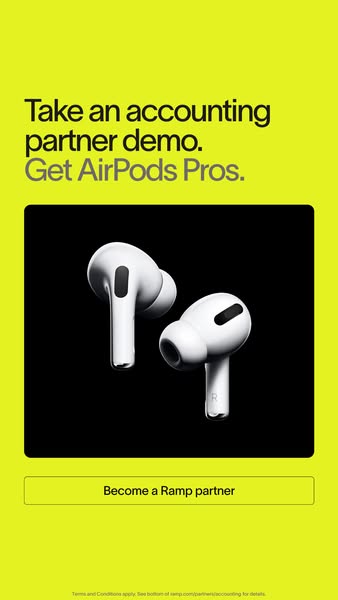 This ad promotes Ramp's accounting partner program by offering free AirPods Pro when users take a demo.
