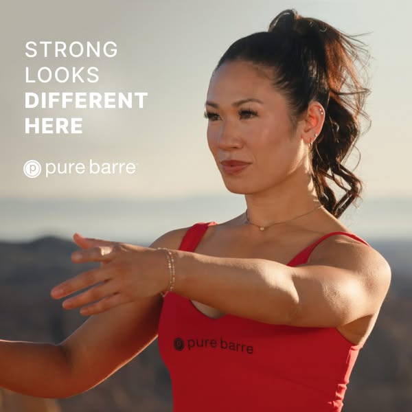 This image ad for Pure Barre features a woman in athletic wear in an outdoor setting. The ad aims to convey that strengt