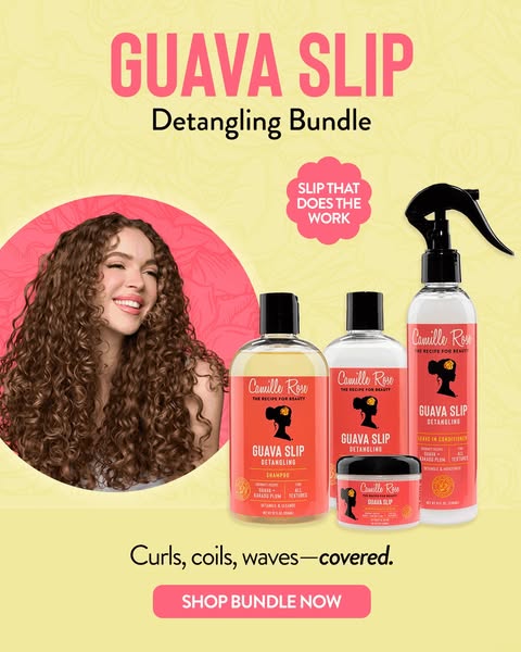An image promoting the Camille Rose Guava Slip Detangling Bundle featuring a model and the product line. The ad highligh