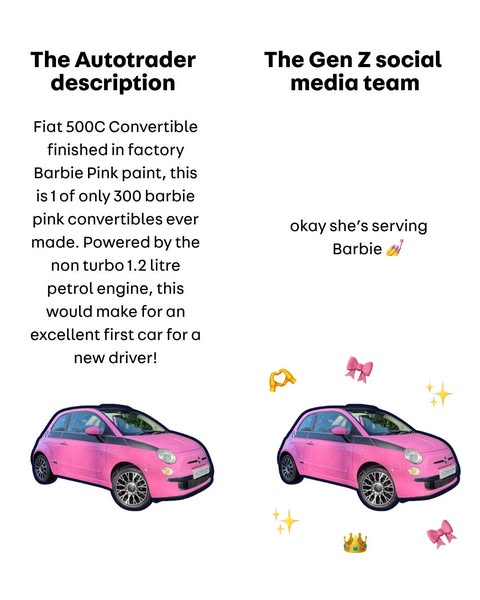 This ad compares the traditional way of advertising cars with a Gen Z-focused approach. It highlights a Fiat 500C Conver
