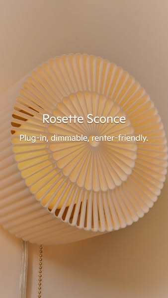 The image ad showcases a round rosette sconce, highlighting its plug-in, dimmable, and renter-friendly features. The clo