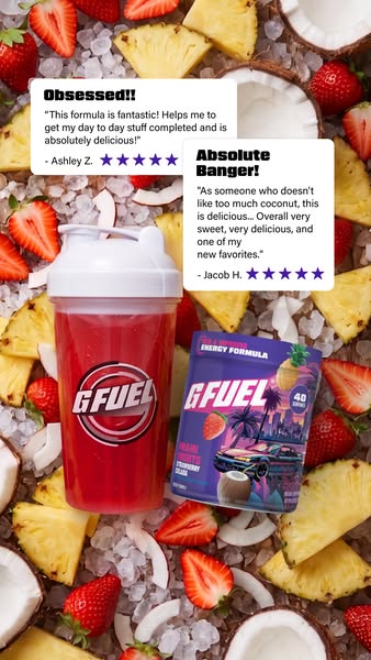 This ad for G Fuel energy formula features testimonials from two customers, overlaid on a background of tropical fruit a