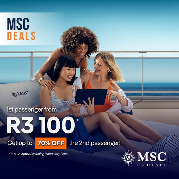 This image ad showcases MSC Cruises with an offer for cruises, highlighting savings for a second passenger and showing t