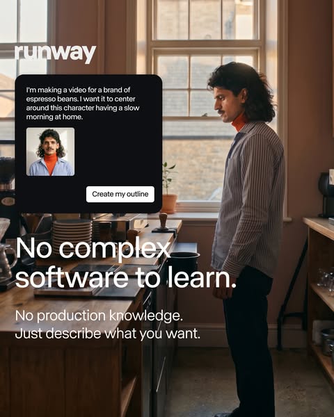 The ad showcases Runway as a software that helps content creators make videos without requiring complex software or prod