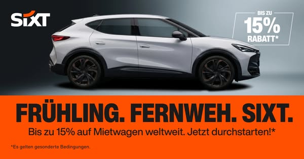 This image ad by Sixt features a white car on a grey background, above a banner offering up to 15% off car rentals world