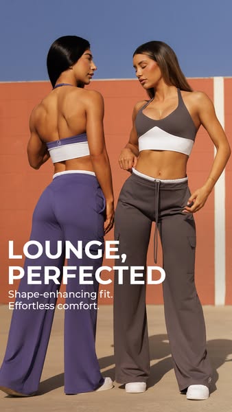 An ad showcasing activewear bottoms. Two women are shown wearing the activewear bottoms in different colors. The ad high
