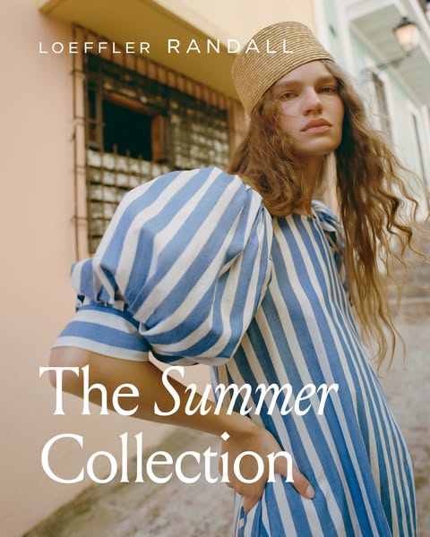 This ad for Loeffler Randall features a woman wearing a blue and white striped dress from the brand's summer collect