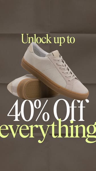 This image ad showcases a pair of cream-colored sneakers with a gum sole. It emphasizes an offer of up to 40% off everyt