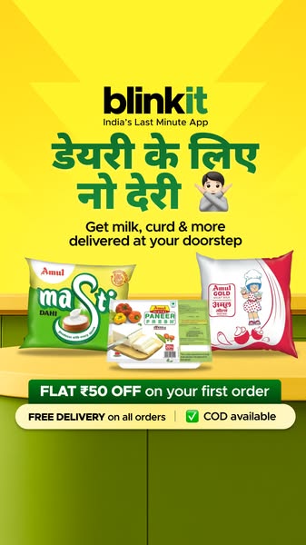 This ad promotes Blinkit, an app for last-minute deliveries in India, focusing on dairy products like milk, curd, and pa