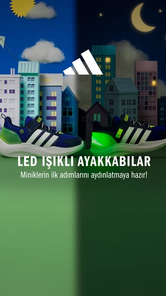 This ad showcases Adidas LED light-up sneakers designed for children. The creative uses a split-screen to show the shoe 