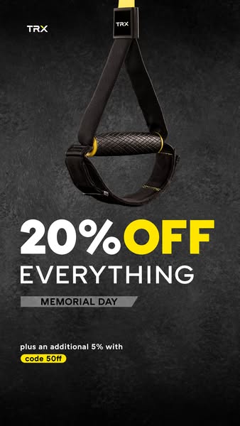 This image ad for TRX features a suspension trainer hanging against a textured background. The ad promotes a Memorial Da
