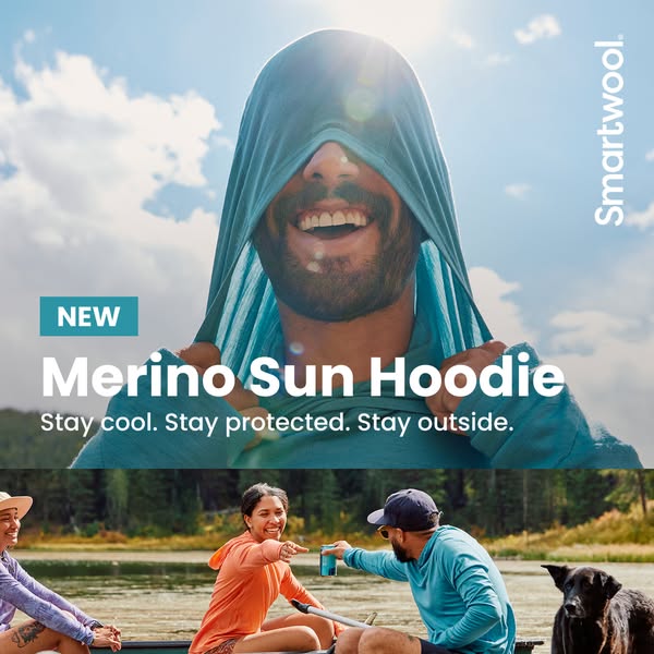 This ad showcases Smartwool's Merino Sun Hoodie, emphasizing its features and benefits for outdoor activities. The a