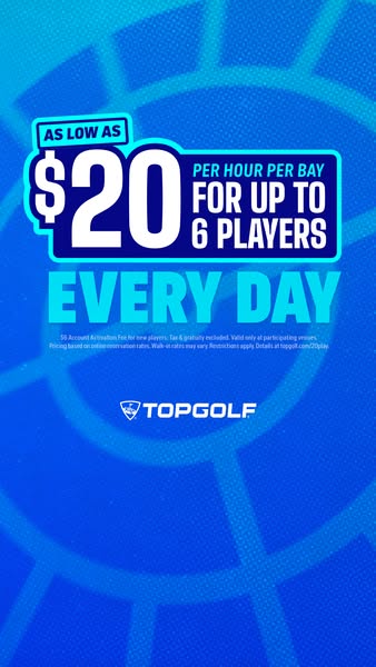This ad promotes Topgolf, highlighting a deal of rates as low as $20 per hour per bay for up to 6 players, every day, wh