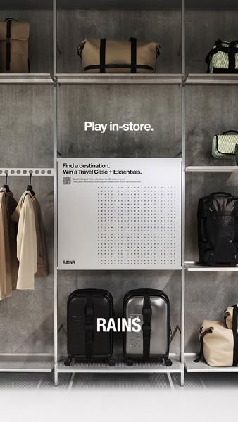 This image shows a Rains in-store promotion involving a word search game to win a travel case and essentials.