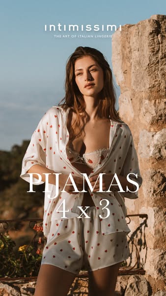 This ad is for Intimissimi, highlighting a pajama set with a 4 for 3 offer. The ad features a model wearing the set outd