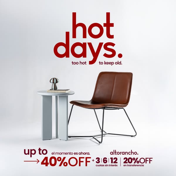 This promotional image advertises discounts on furniture for hot weather from Altorancho. The ad features a chair and si