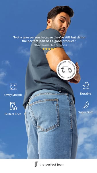 This ad features a man wearing jeans. A testimonial is featured at the top and key features are highlighted with visuals