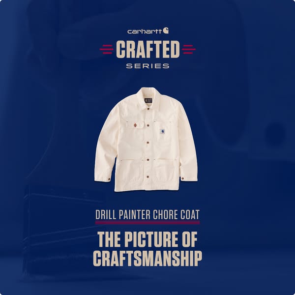 This image ad showcases the Carhartt Crafted Series Drill Painter Chore Coat, highlighting its craftsmanship and design.
