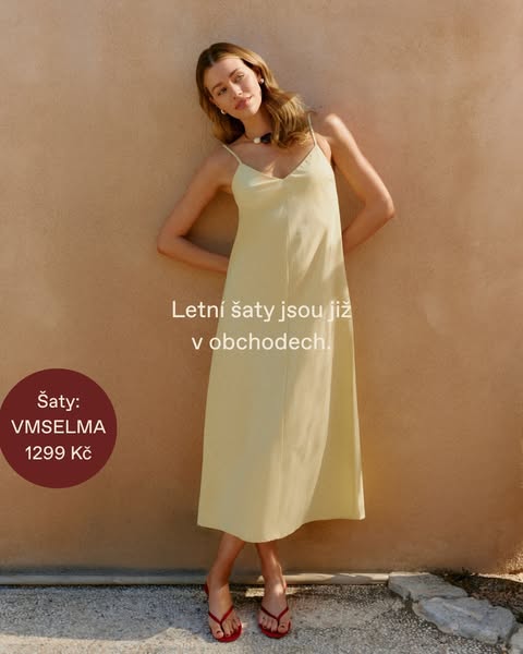 This image ad showcases a woman modeling a yellow summer dress. The ad provides the name of the dress and the price.