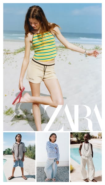 This ad features a young model posing on a beach, wearing summer clothing from ZARA. Below the main image, there are thr
