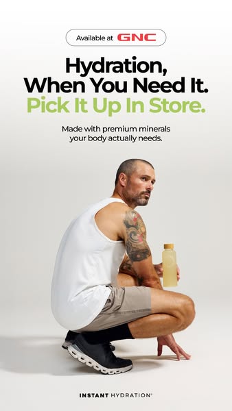 This image ad promotes GNC's instant hydration drink. The ad features an active man hydrating after a workout, highl