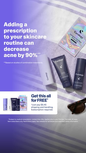Image ad for Curology, which promotes its prescription skincare products to decrease acne, shows various products in Cur