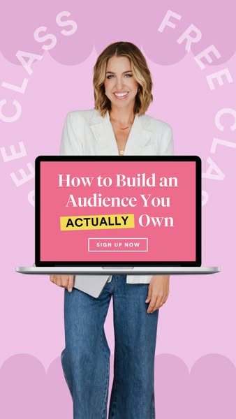 A vertical image ad promoting a free class on building an audience you actually own. The ad features an image of a woman