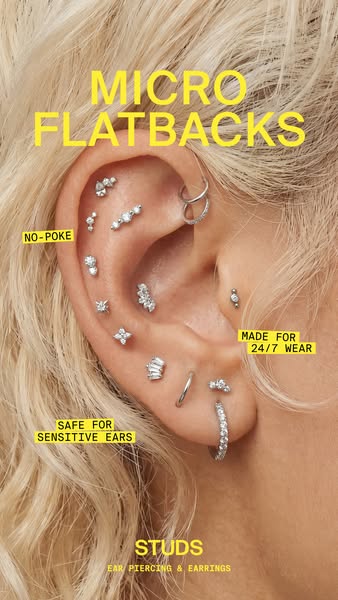 An image ad showcasing various micro flatback earrings, designed for comfort and sensitive ears.