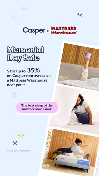 This ad promotes a Memorial Day Sale on Casper mattresses at Mattress Warehouse, offering savings of up to 35%. The ad f