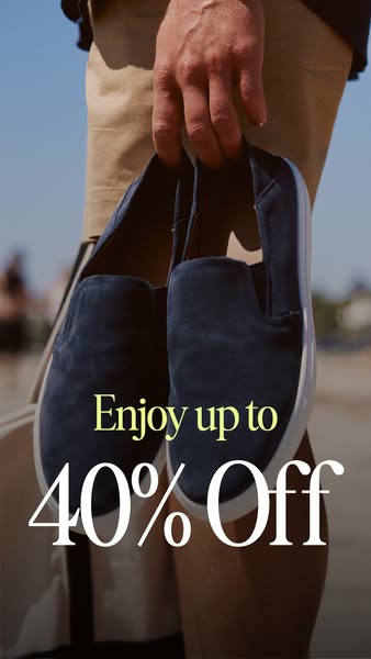 The image ad showcases a pair of blue slip-on shoes being held by an individual, highlighting a discount of up to 40% of
