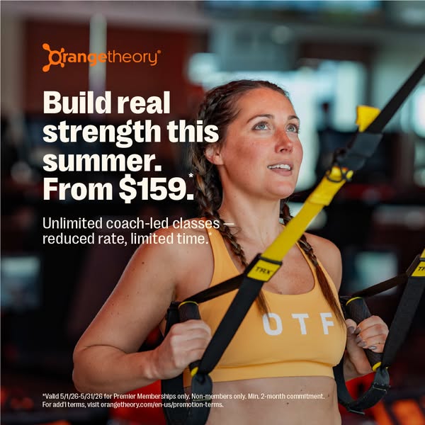 This ad uses an image of a woman in workout gear to promote Orangetheory Fitness classes for $159. It focuses on buildin