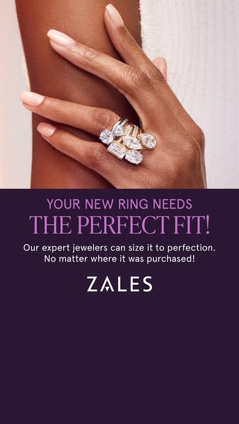 This image ad by Zales promotes their ring sizing service, emphasizing that their expert jewelers can size rings to perf