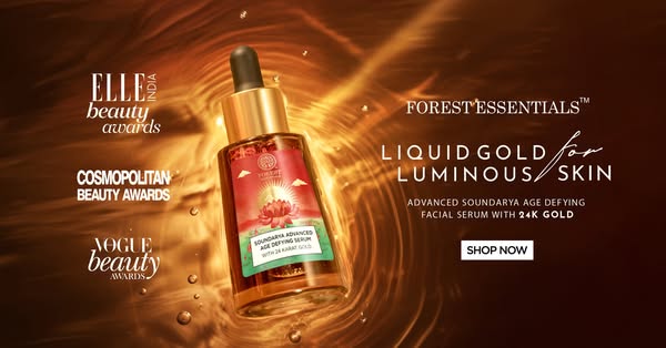 This image ad features a luxury serum bottle surrounded by beauty award badges and a sleek product description, all desi