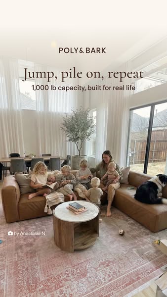 This image ad showcases a real family enjoying a Poly & Bark sectional sofa. The family is shown relaxing on the sof