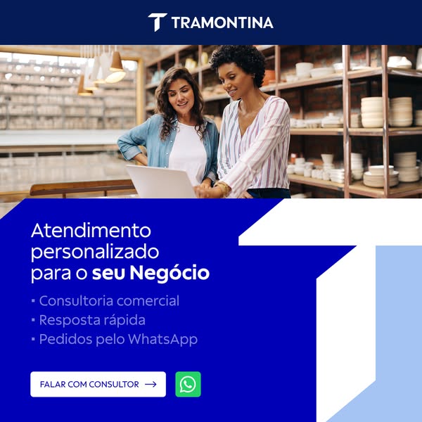 This ad for Tramontina features two women looking at a laptop and promotes personalized customer service for businesses,
