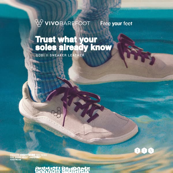 This ad showcases a pair of VivoBarefoot Gobi II Sneakers Leather being worn in water. The ad suggests that the brand en