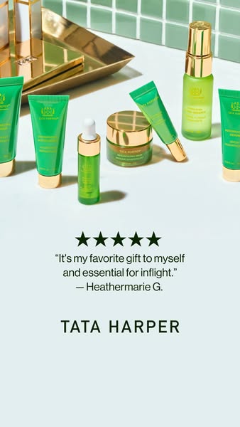 This image ad features several Tata Harper skincare products in green packaging. It includes a five-star rating and a qu