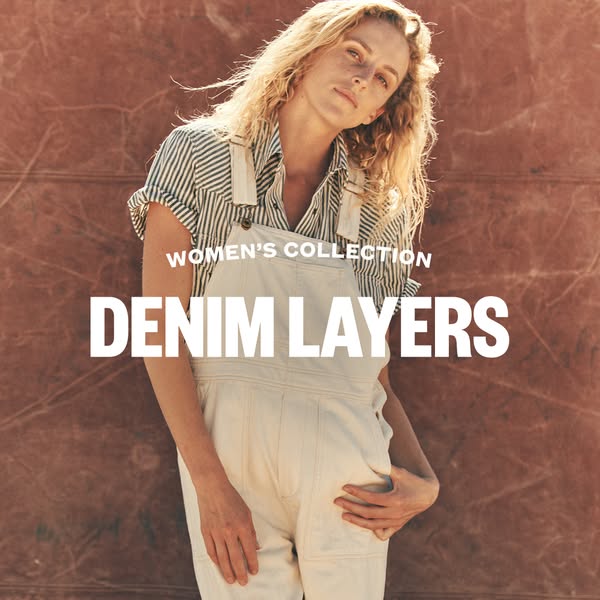 This ad promotes denim layering from a women's collection. A woman is shown wearing a denim outfit.