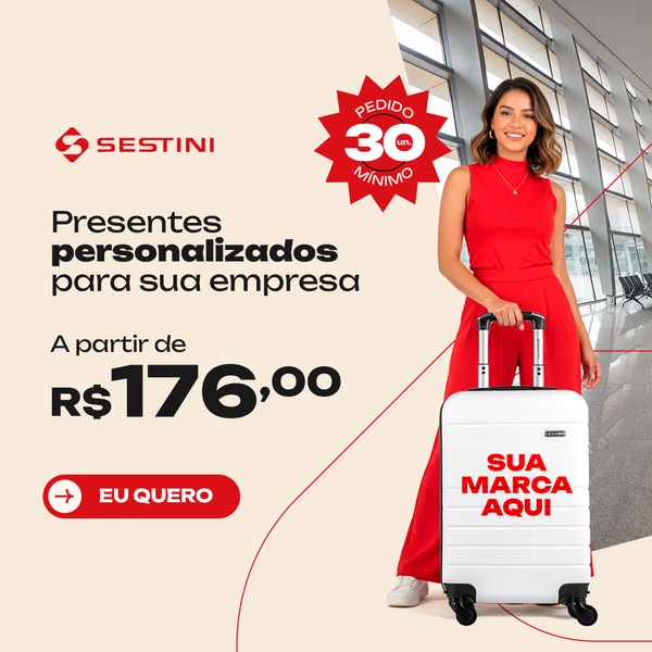 An image ad for Sestini luggage showing a woman with a white suitcase, with text that states "Customized gifts for 