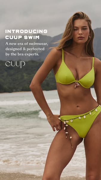 This image ad introduces CUUP's new line of swimwear, highlighting that the swimwear is designed and perfected by br