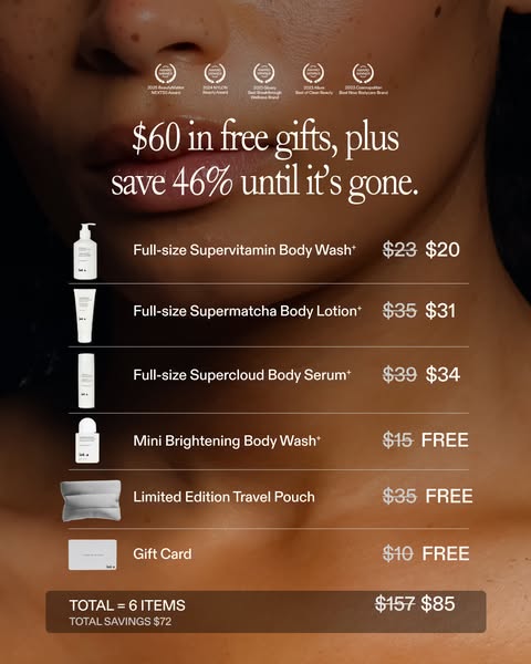 This image ad uses a close up of a model to present a list of body care items that are being offered at a discounted pri