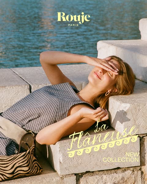 This ad features a woman relaxing in the sun on a stone ledge with the brand logo at the top. The text overlay at the bo