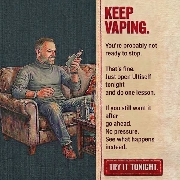 The ad features an older man relaxing with a vape while suggesting that the viewer try Ultiself if they are not ready to