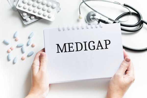 This ad is for Medigap insurance. The image shows a notepad with the word "MEDIGAP" written on it, surrounded 