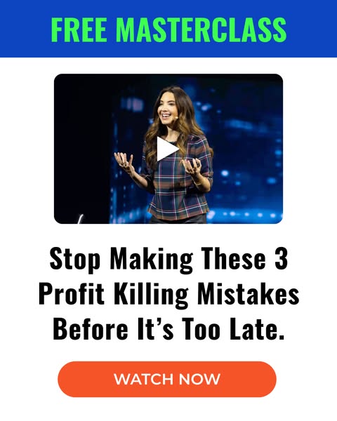 This ad promotes a free masterclass that aims to help viewers avoid profit-killing mistakes. It features a woman on stag