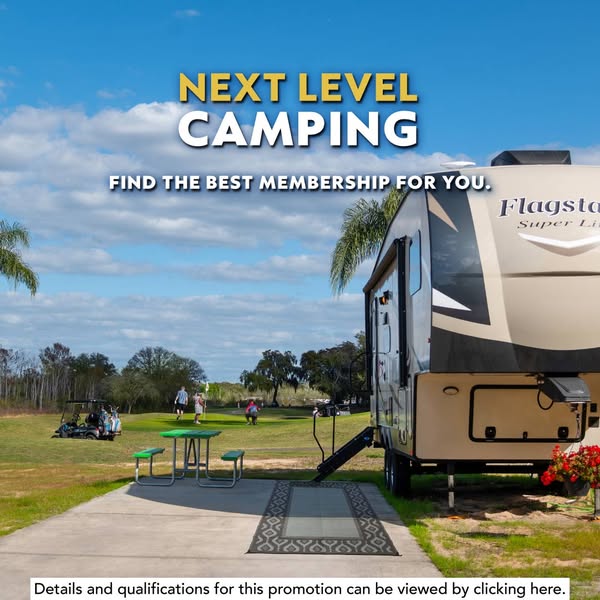 This ad showcases a luxurious camping experience with a Flagstaff Super Lite RV in a scenic outdoor setting that include