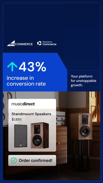 This ad uses a screenshot of a BigCommerce dashboard to promote the platform's ability to increase conversion rates 