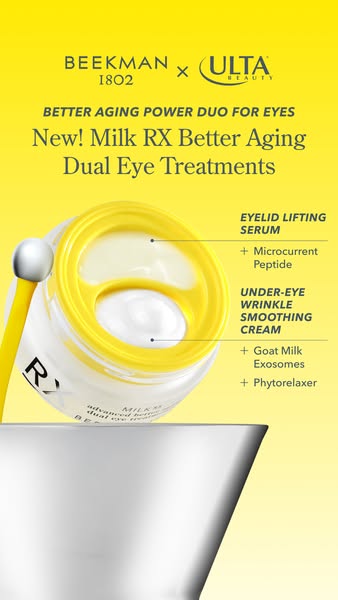 This ad promotes Beekman 1802's Milk RX Better Aging Dual Eye Treatments. It highlights the product's key featur