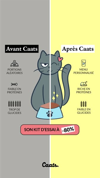 This ad compares Caats cat food to its competitors. It emphasizes that Caats offers personalized menus that are high in 